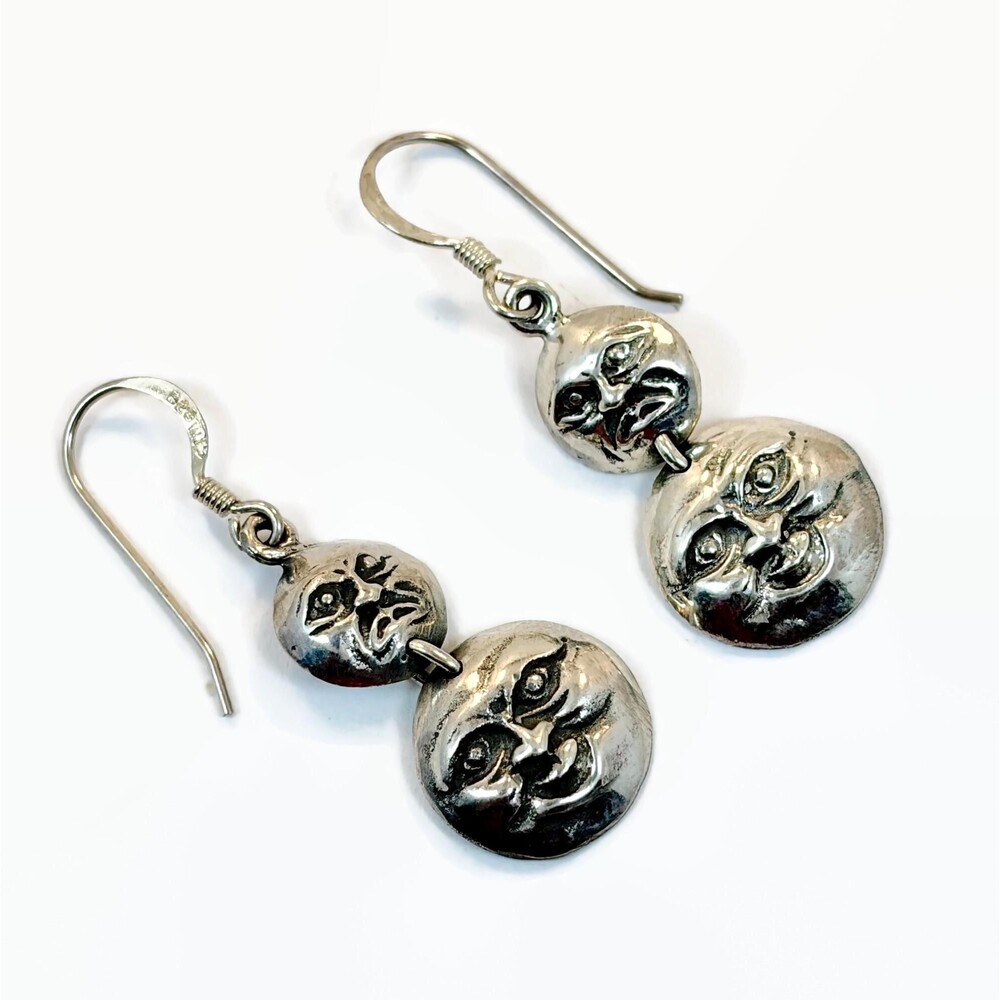 Moon Earrings, Sterling Silver, Vintage, Celestial, Happy, Mad Faces, Dangle